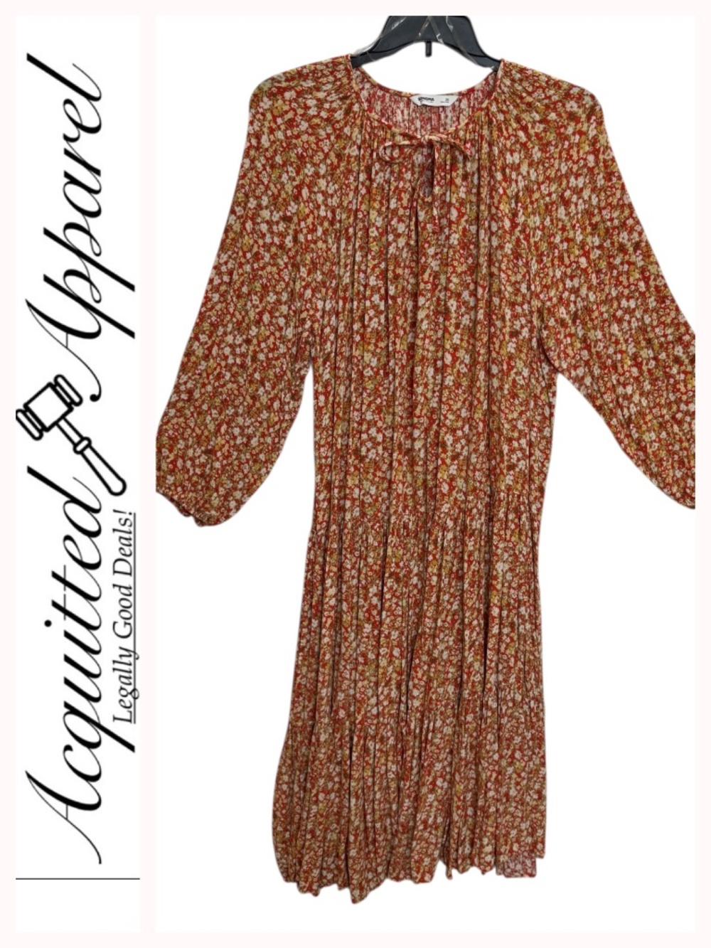 Sonoma Rust Floral Tie-Neck Pleated Long Sleeve Maxi Dress 2X
